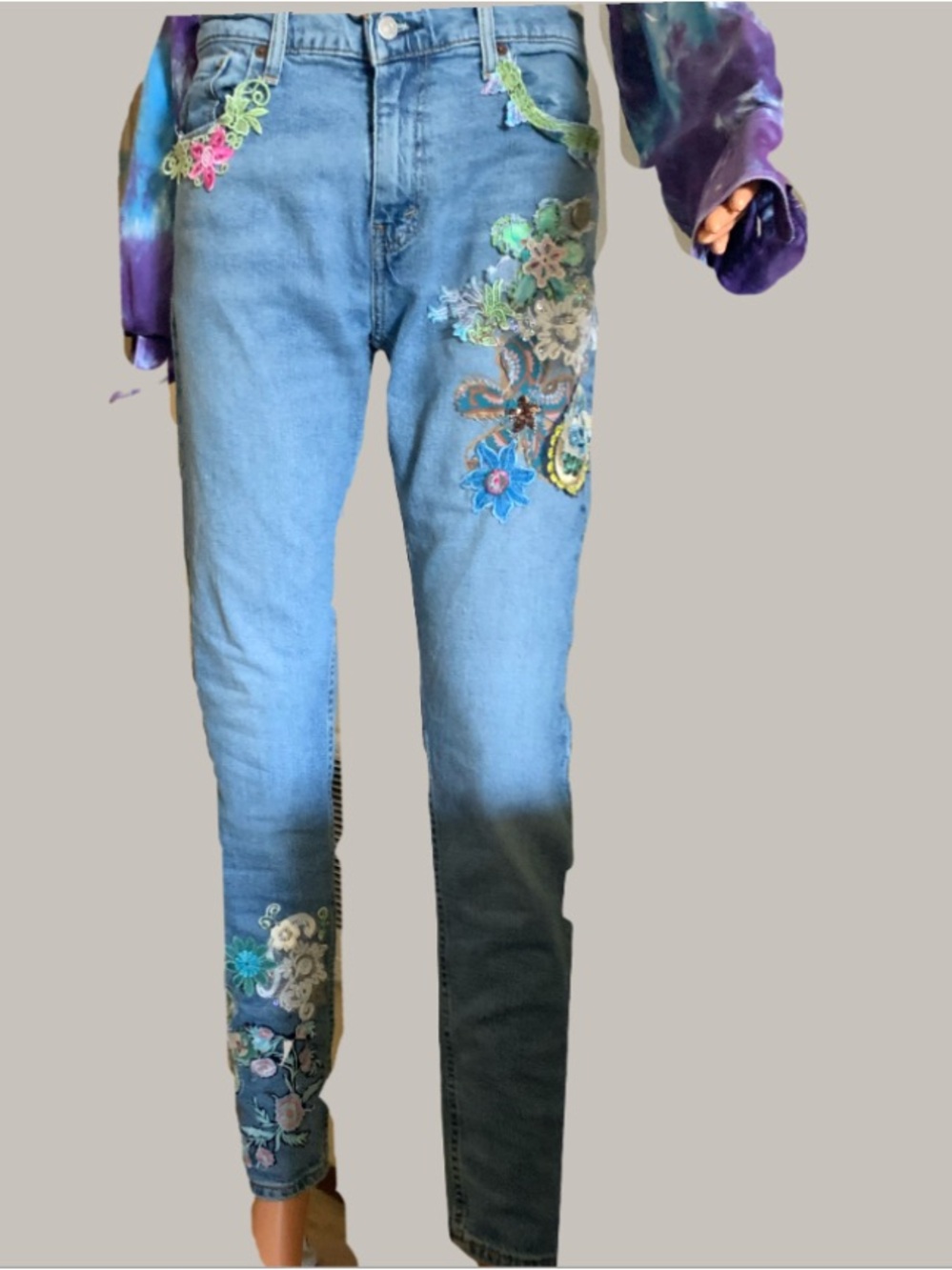 Light Blue Tapered Leg Jeans with Mixed Media Floral Appliques
